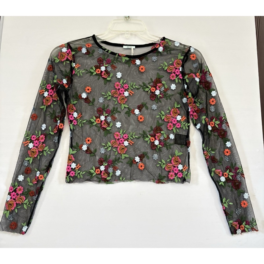 Kimchi Blue Womens  Black Sheer Floral Embroidered Long Sleeve Blouse Top Small
